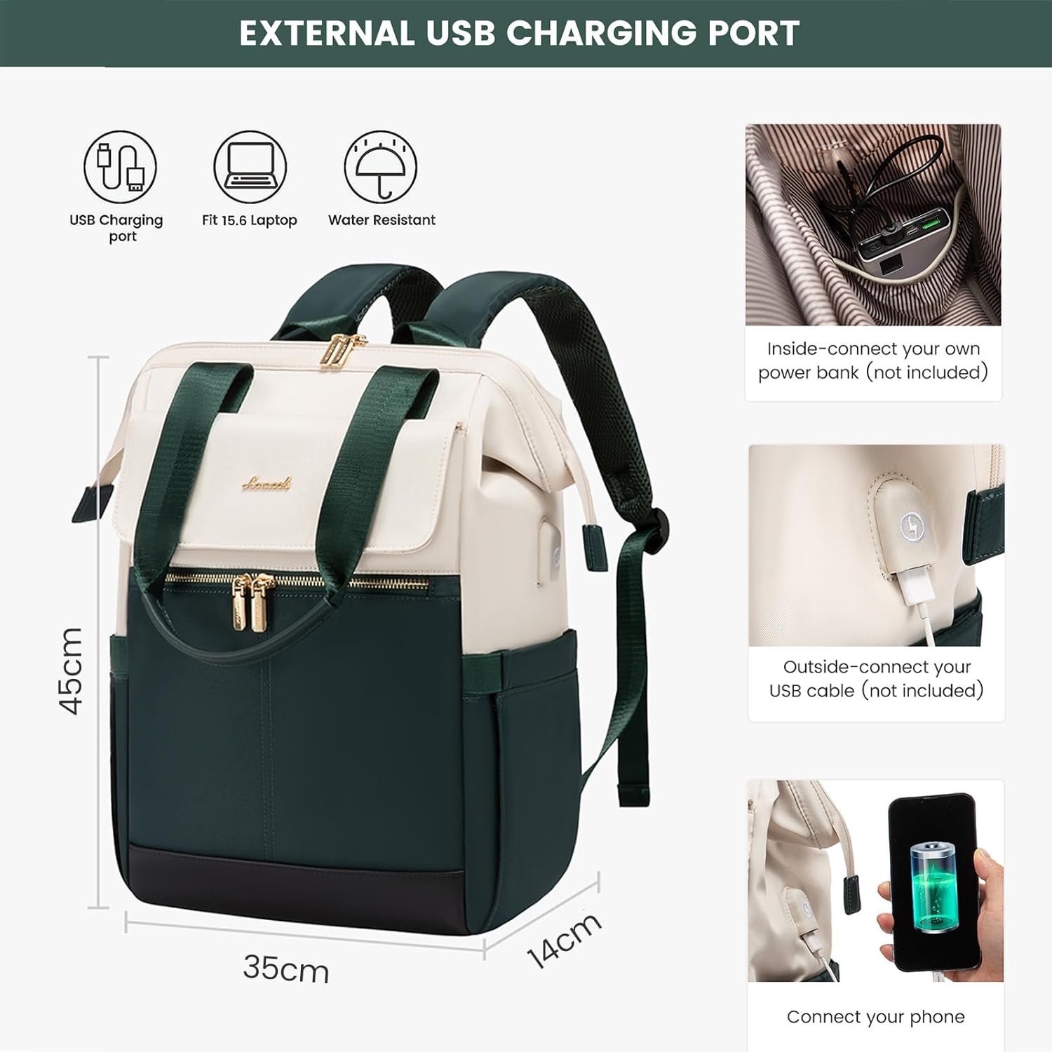 Thumbnail 6 de LOVEVOOK Backpack Womens: 15.6 inch Laptop Rucksack in Beige Green