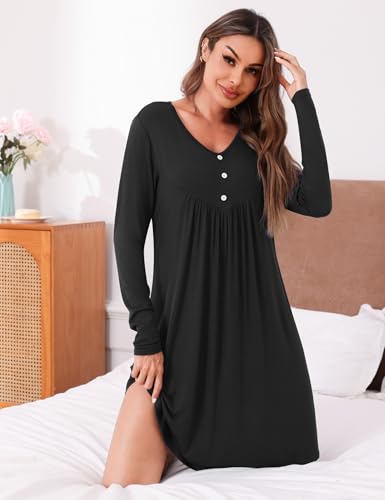 Thumbnail 6 de Crewhpo Chemise de Nuit Femme—Manches Longues en Coton, Col V, Coupe ample et Confortable