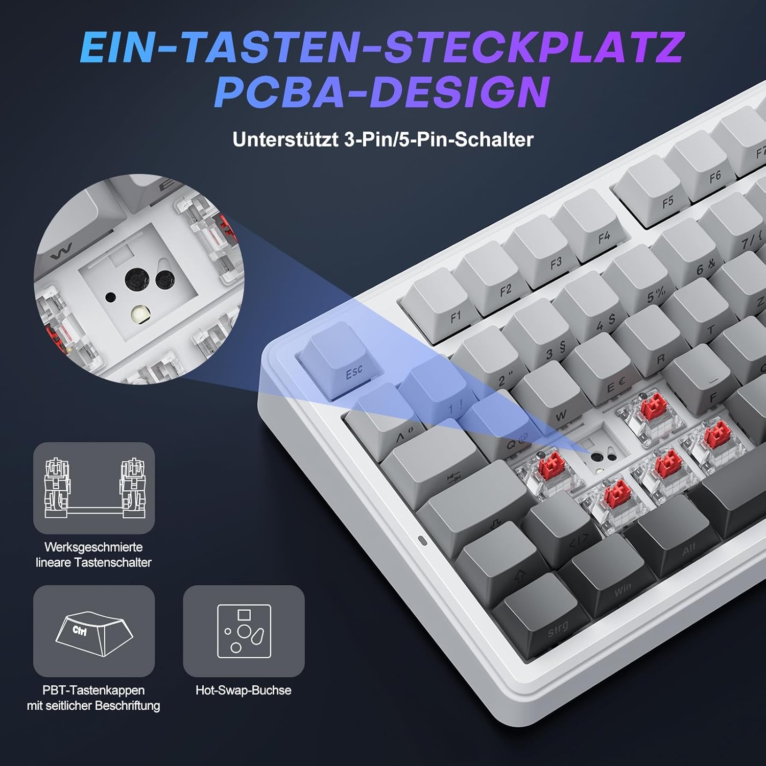 Detalle 2 de TECURS 75% Gaming Tastatur Kabellos mit Hot-Swap, Drehknopf und PBT-Kappen – QWERTZ Gradient Grau