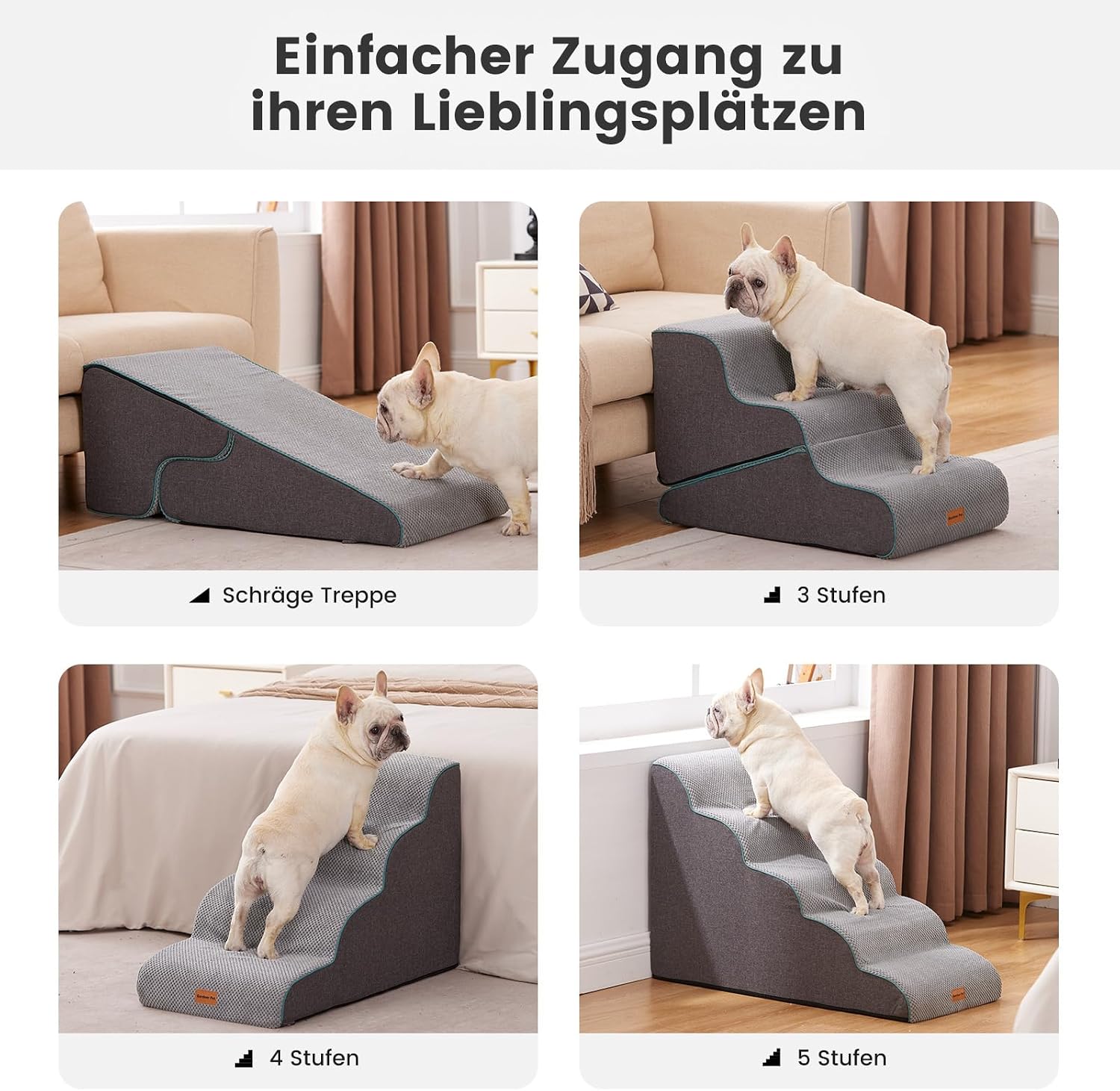 Detalle de Gardner Pet Hundetreppe für kleine Hunde (35/42 cm) mit 3 Stufen – rutschfeste Haustiertreppe aus hochdichtem Schaumstoff