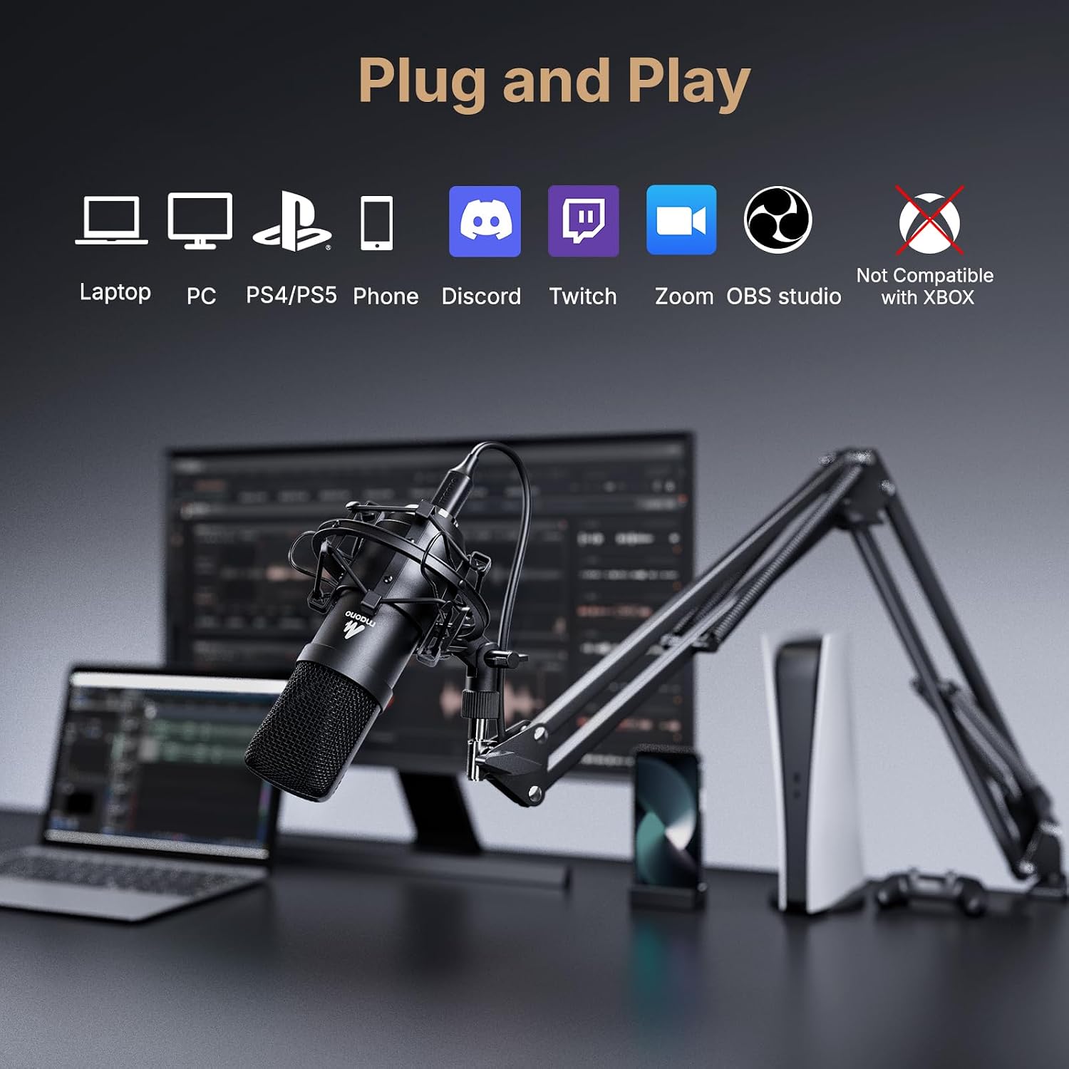 Detalle 1 de MAONO AU-A04 USB Condenser Microphone Kit, Cardioid, 192kHz/24-Bit