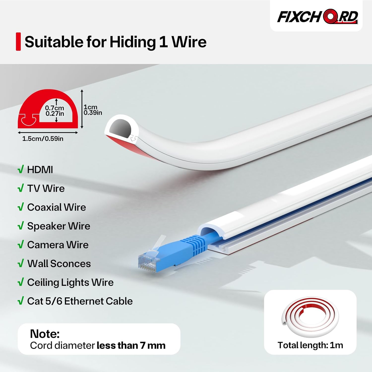 Thumbnail 1 de FIXCHORD Mini Self-Adhesive Cable Trunking (15mm x 10mm x 1m) – White