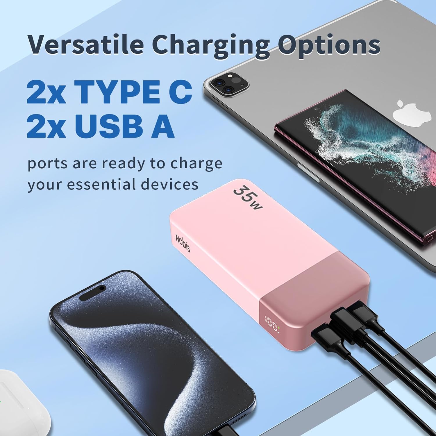 Thumbnail 3 de NOBIS Power Bank 35W 20000mAh Portable Charger (Pink) with 4 Ports and LED Display