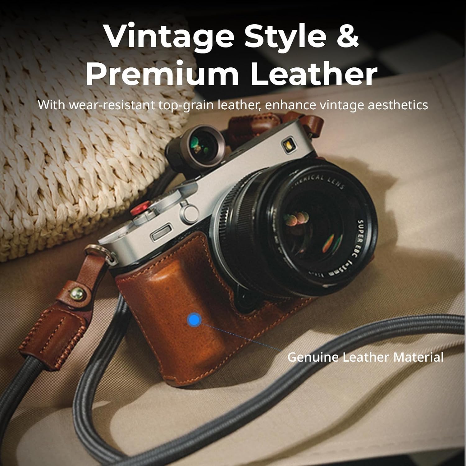 Detalle de SMALLRIG Echtleder-Taschenset 5449 für Fujifilm X-E5 (Vintage-Halbschalengehäuse) inkl. Schultergurt, Braun