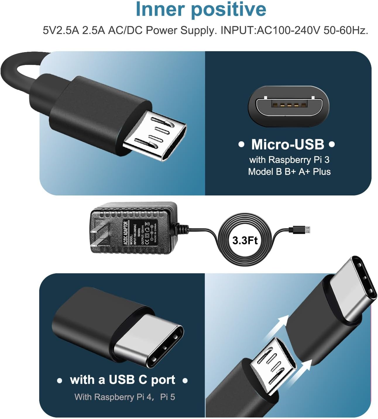 Detalle de ycwwzzh Raspberry Pi用電源アダプター 5V 3A、Micro USB Type B・製品長さ100cm