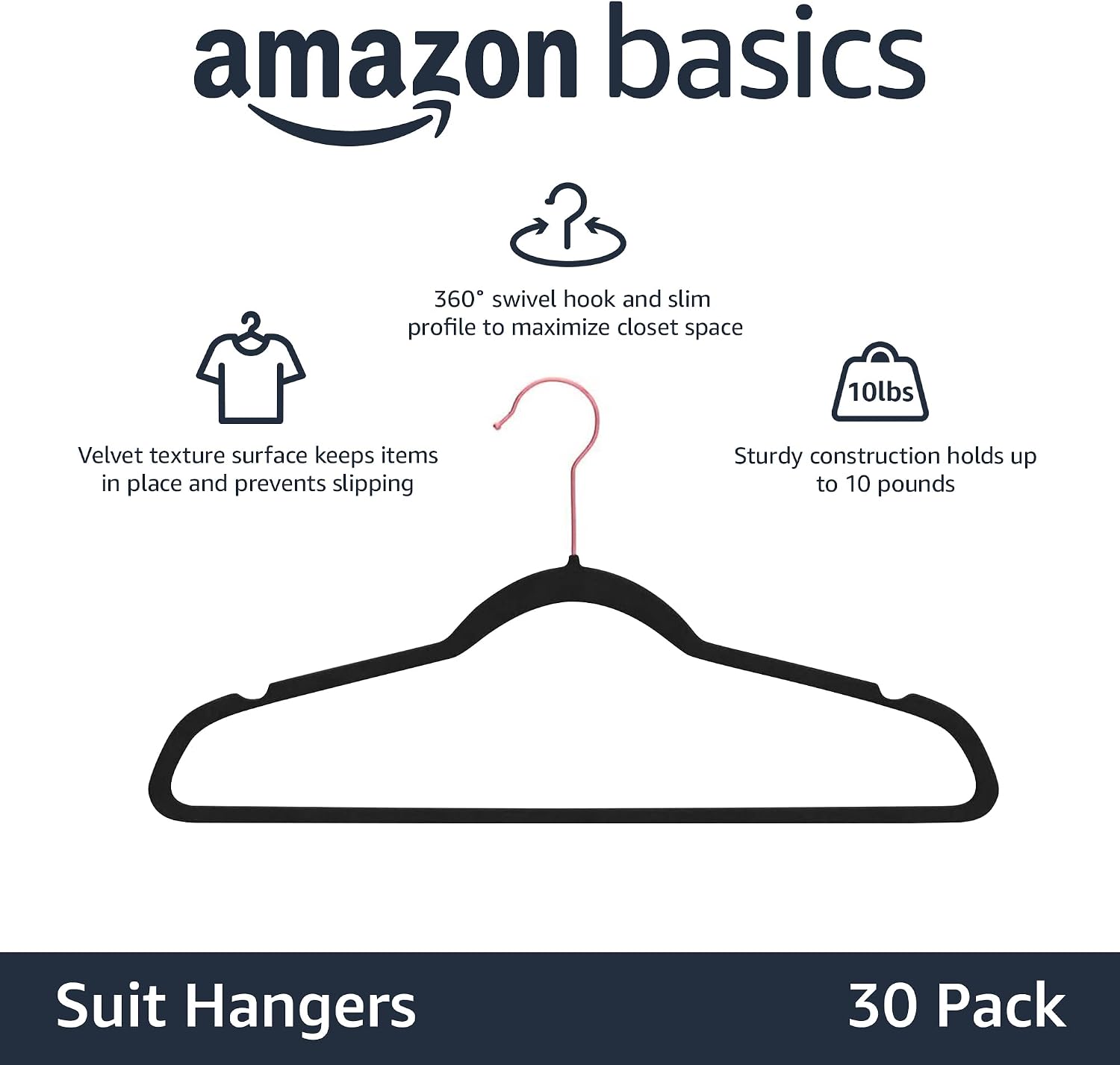 Detalle de Amazon Basics Kleiderbügel aus Samt, 30 Stück – Schwarz/Roségold