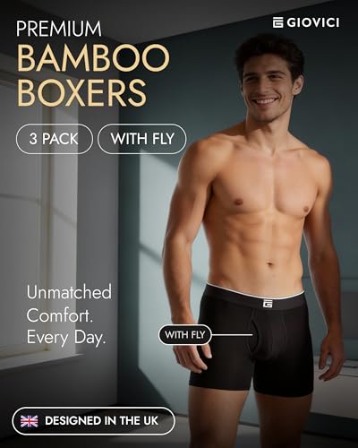 Detalle 2 de Giovici Men's Bamboo Anti-Chafing Boxers (XXL, Black Fly) 3 Pack