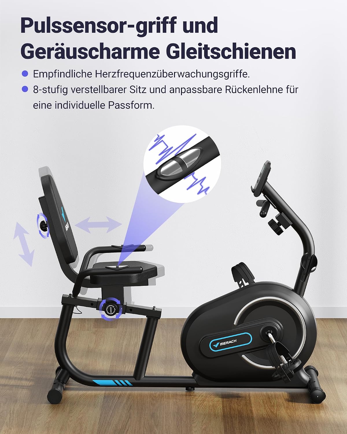 Detalle 2 de MERACH Liegeergometer S08/S23 – leiser Heimtrainer mit 8-stufigem Magnetwiderstand, App-Kompatibilität und Herzfrequenzsensoren
