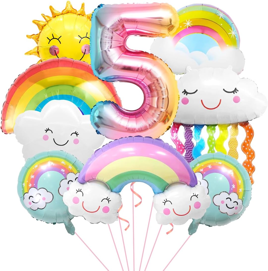 Aurasky Regenbogen Geburtstagsdeko 5: Folienballons mit Wolken & Sonne (Zahl 5 Set)