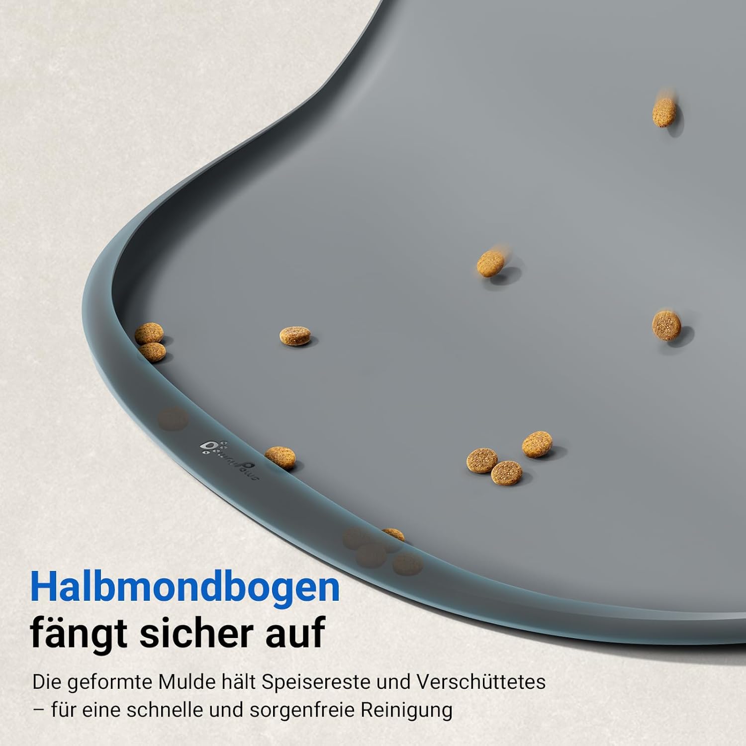 Detalle 2 de DownyPaws Napfunterlage Katzen – Silikon Futtermatte, BPA-frei, 62 × 43 cm, Grau
