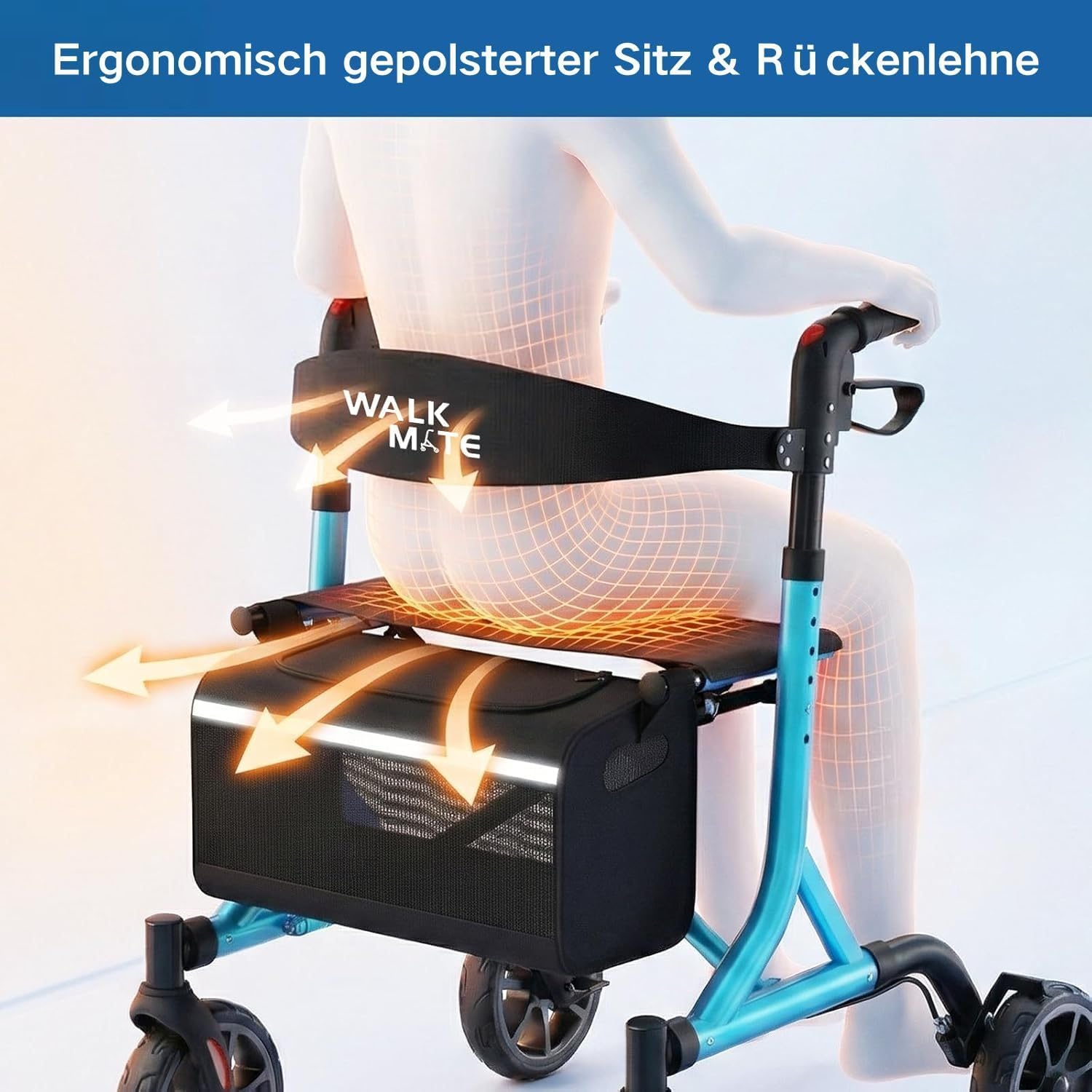 Thumbnail 6 de Walk Mate Rollator – faltbar, leicht mit Sitz, All‑Terrain‑Räder, 6-stufige Höhenverstellung (150–190 cm) und 6,7 kg Gewicht