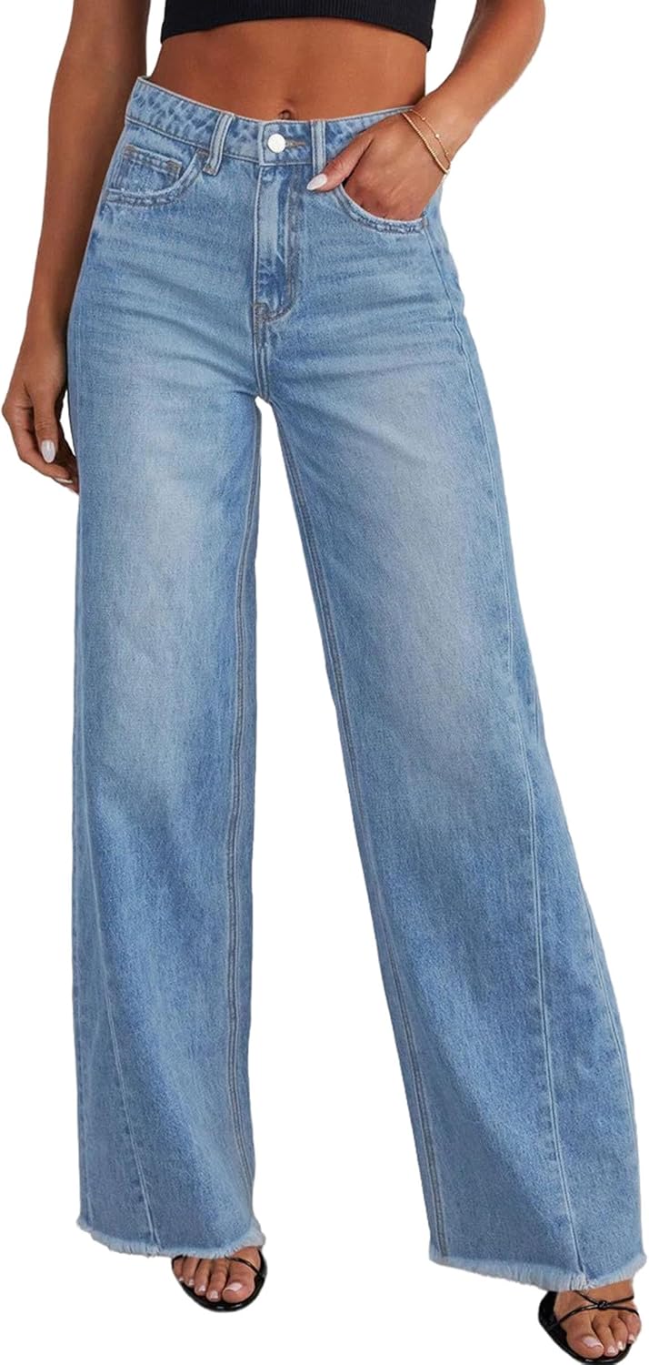 Detalle de PRETTYGARDEN Wide Leg Jeans for Women – High Waisted Stretchy Baggy Raw Hem Denim Palazzo Pants (2026)