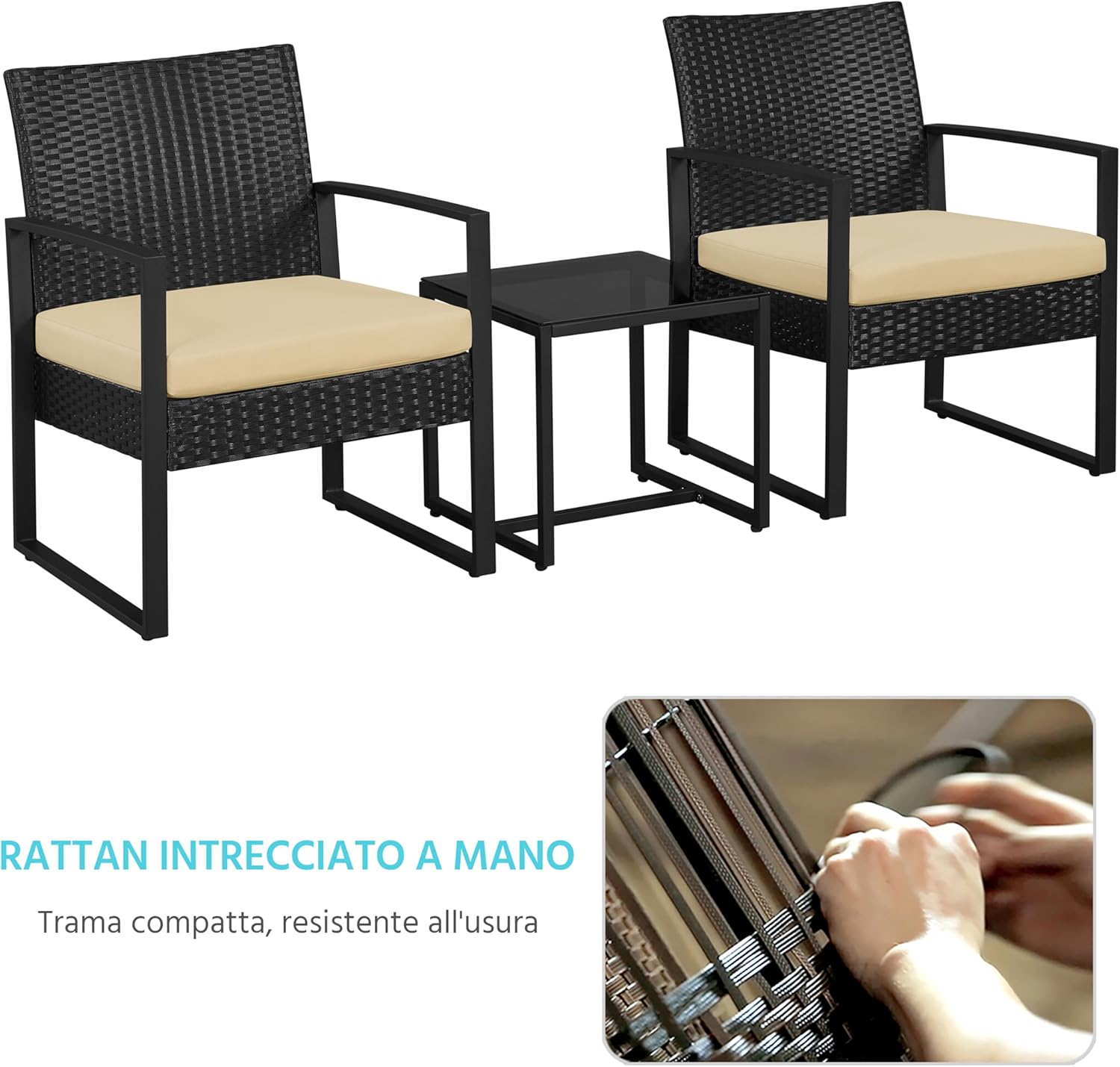Detalle 2 de Yaheetech Set Mobili da Giardino in Poly Rattan – 2 Sedie e Tavolino da Balcone con Cuscini