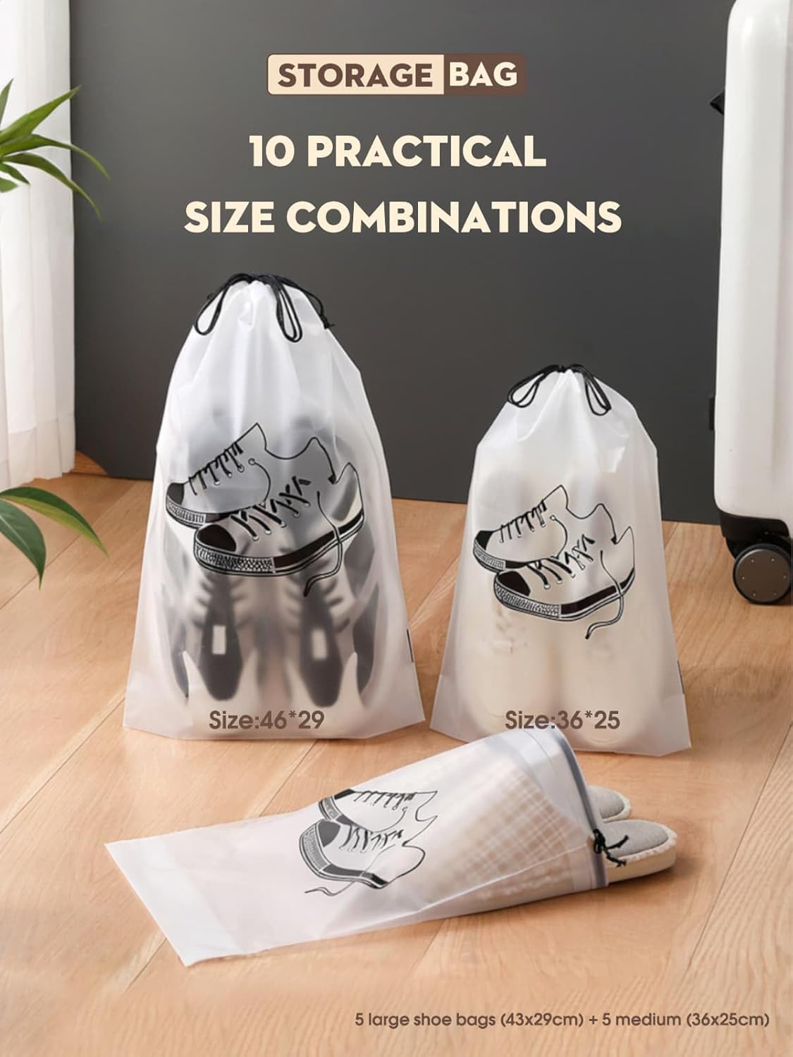 Detalle de Lammcou Sac à Chaussures Imperméable – Sacs transparents avec cordon (Grand et Moyen), Noir