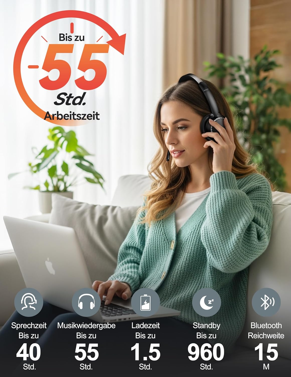 Detalle de TECKNET V5.3 Bluetooth Headset 55 Std. Akku 📞
