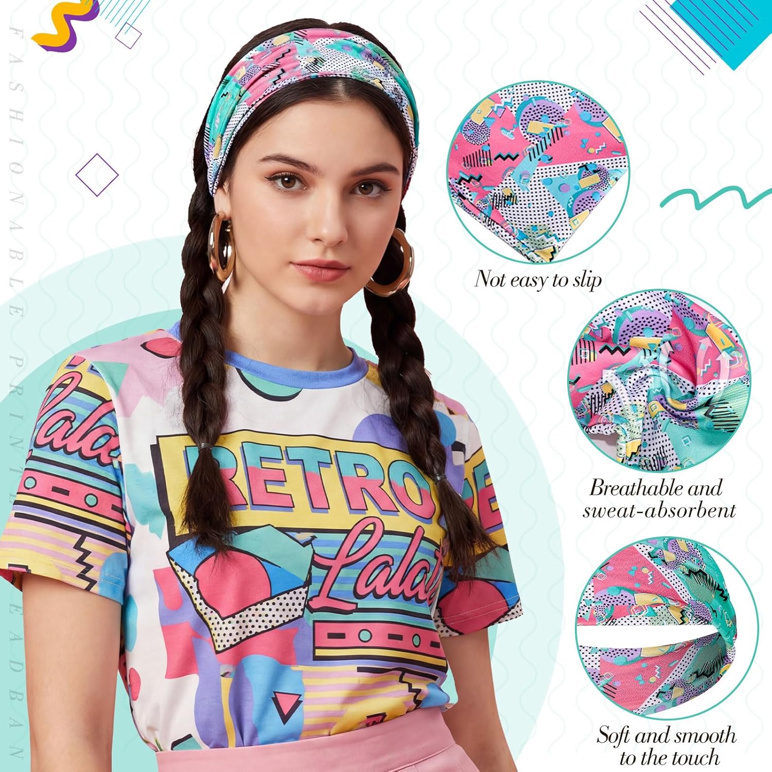Detalle de obeoby 8 Pack Neon 80s Print Headbands for Rave Outfits — Retro Style for Women