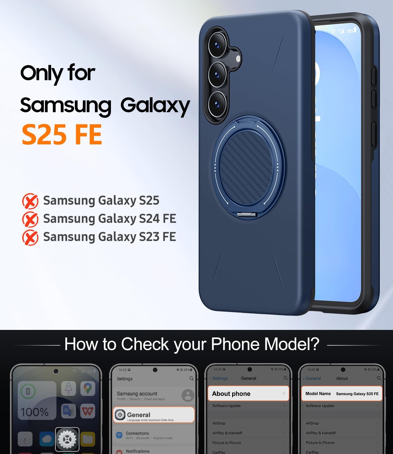 Thumbnail 6 de JAME for Samsung Galaxy S25 FE Case with 360° Ring Stand + Screen Protectors (2-Pack), Dual-Layer Shockproof Cover, Blue