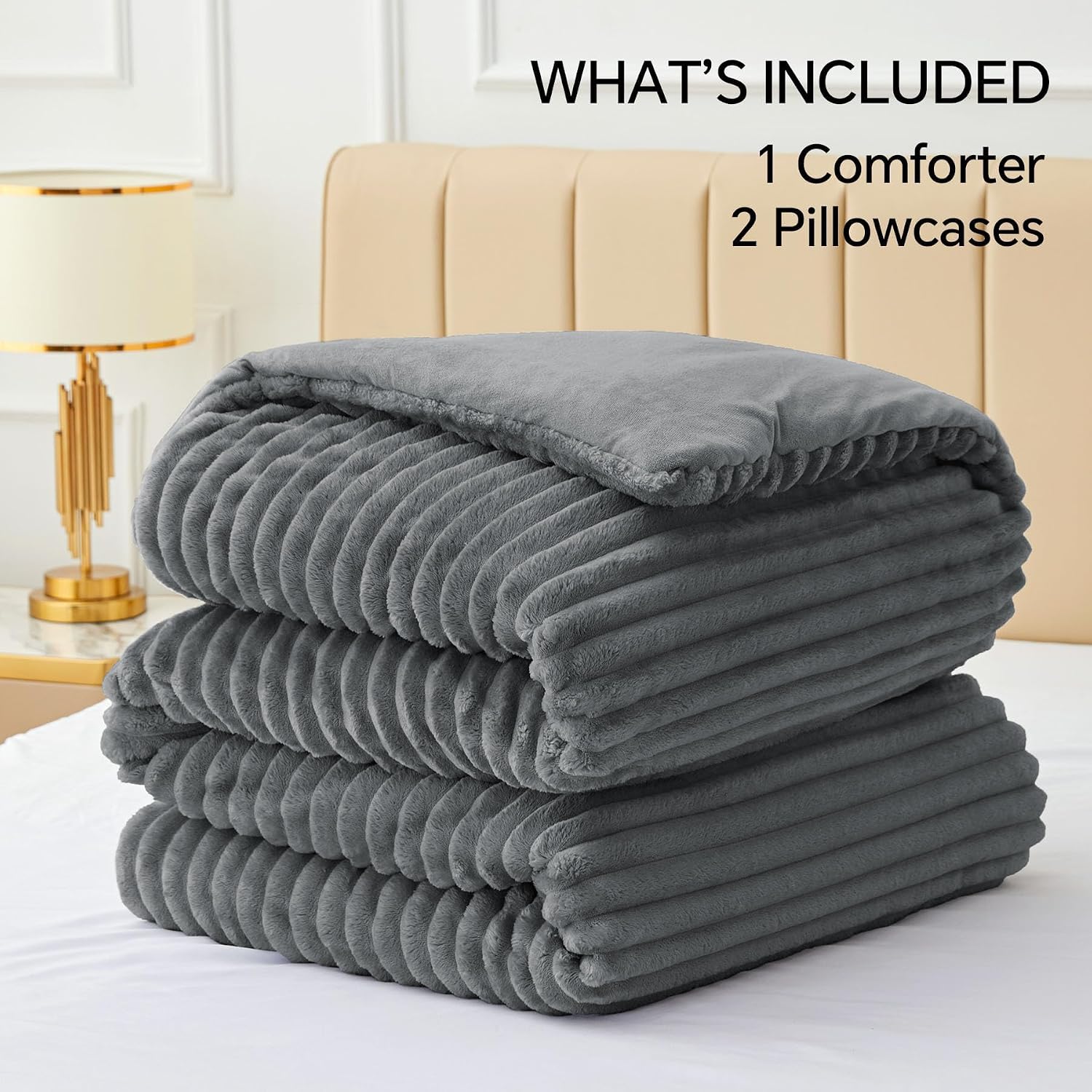 Thumbnail 5 de BEDELITE Full Fleece Comforter Set, Gray Polyester with Striped Plush Texture