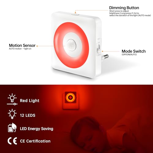 Detalle de Swoieltr: 2 Piezas Luz Nocturna Infantil con Sensor de Movimiento Roja Relajante