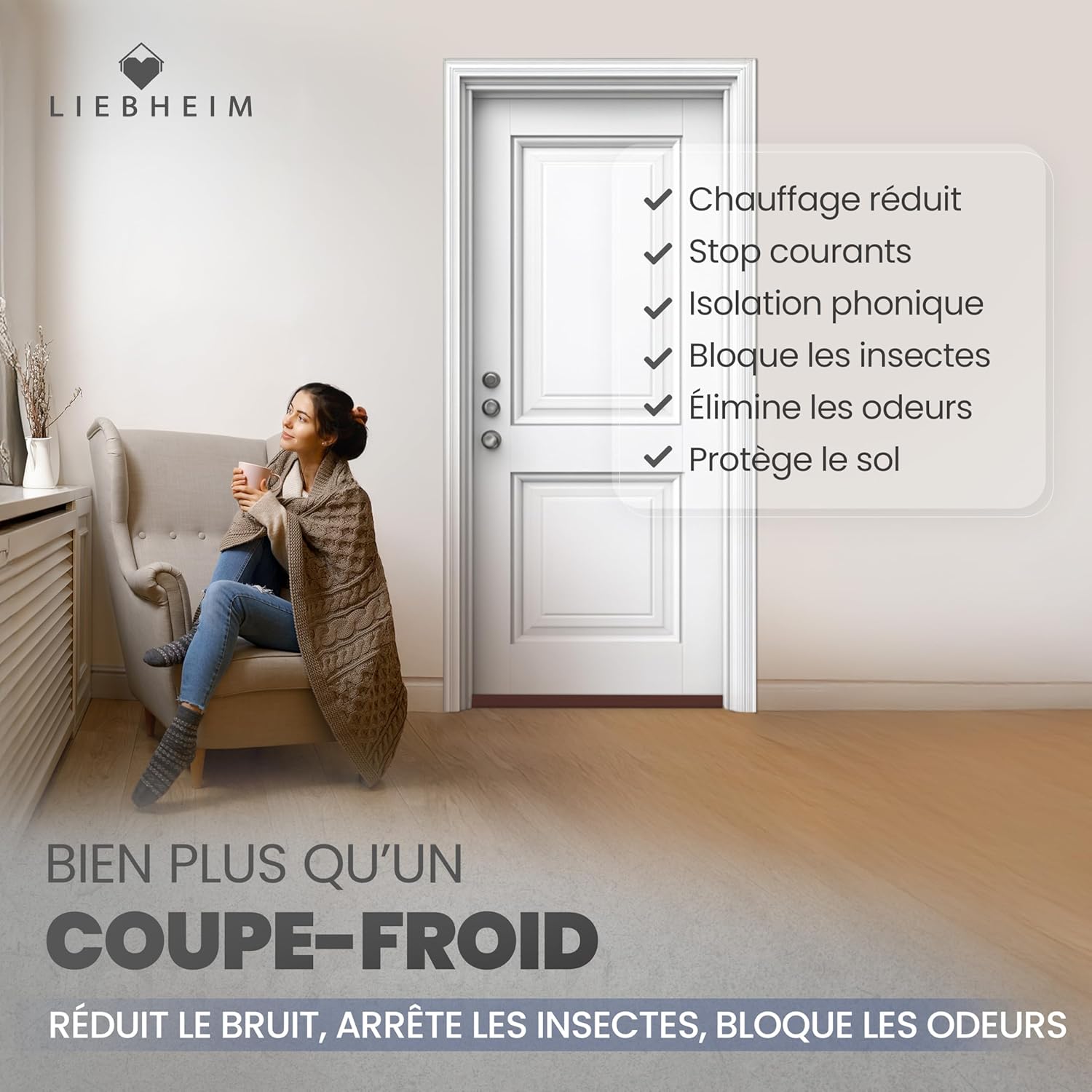 Detalle 2 de Bas de porte isolant LIEBHEIM (boudin + joint) marron – 1 pièce, pour limiter froid, courants d’air et nuisibles