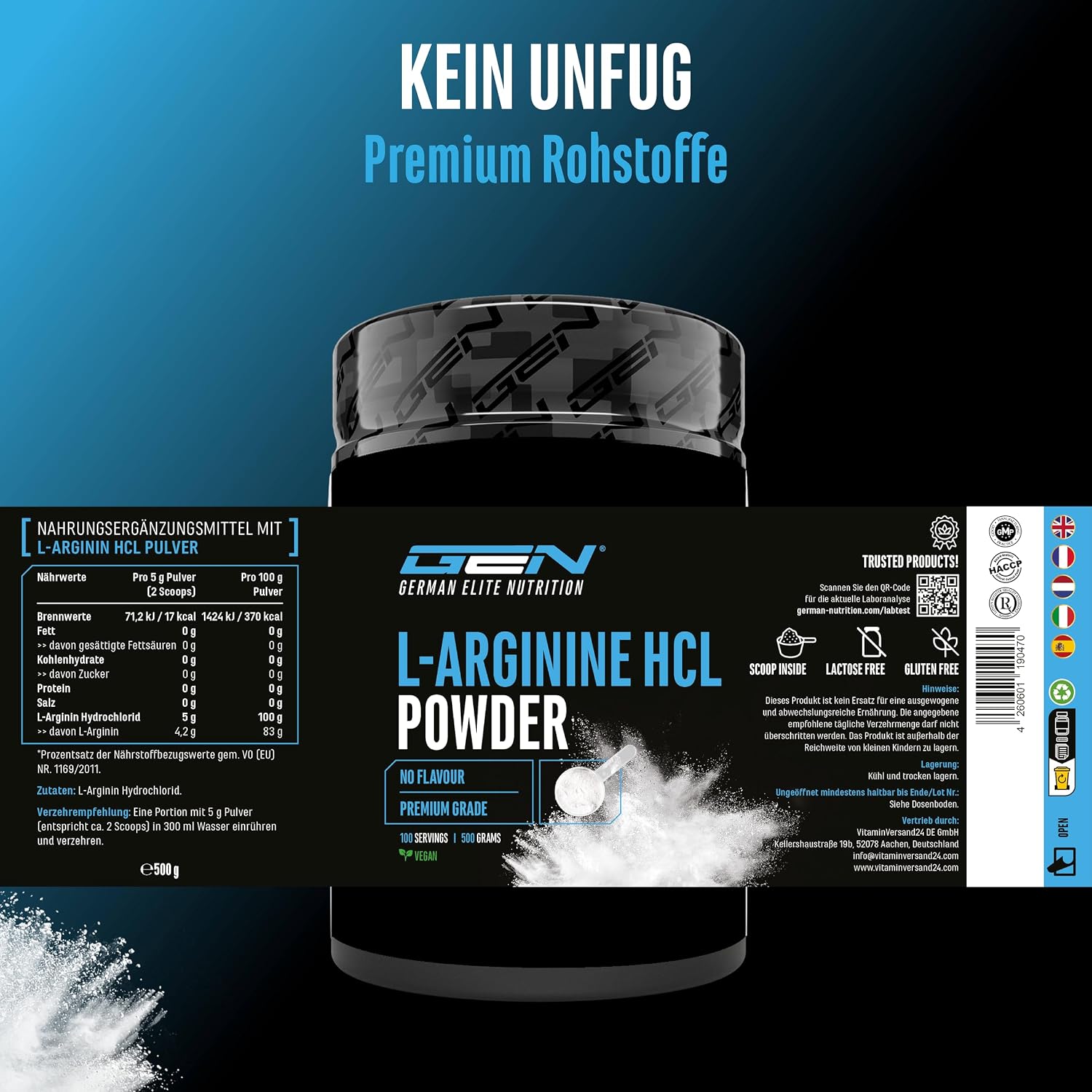 Detalle 2 de L-Arginin HCL (Hydrochlorid) 500 g – pflanzliches L-Arginin Hydrochlorid Pulver, rein ohne Zusätze, vegan