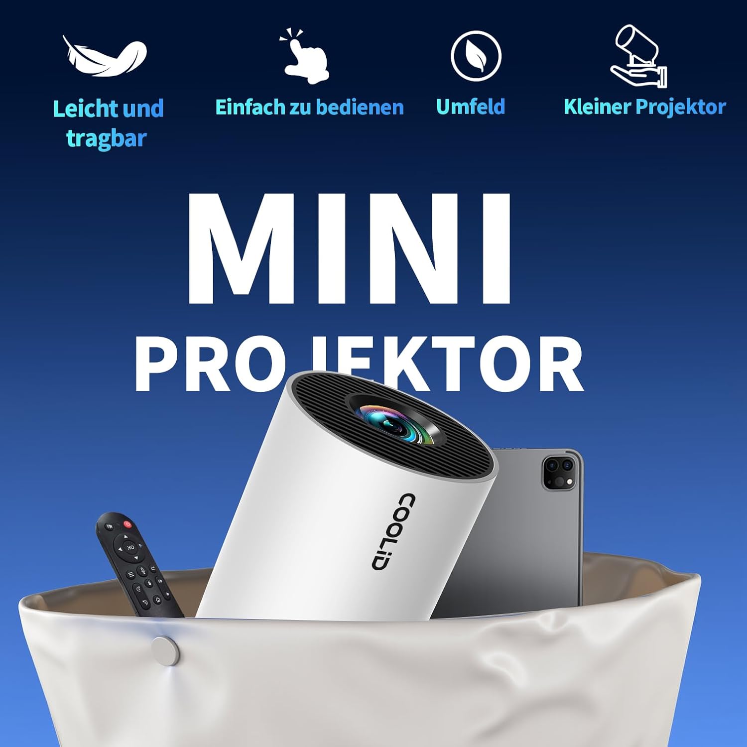 Thumbnail 4 de Tragbarer Mini-Beamer mit 4K/1080p, WiFi 6 & Bluetooth 5.4 – 1.400 Lumen, 180° drehbar, Weiß