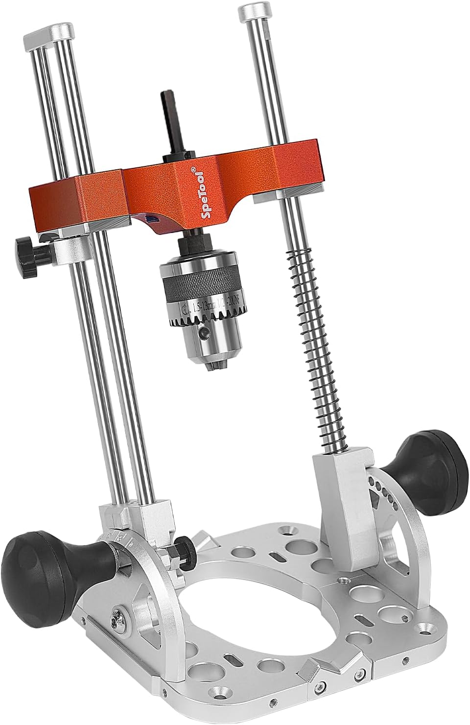 Detalle de SpeTool SP-GD-A boorstandaard met kogellagers en hoekinstelling 0–60°