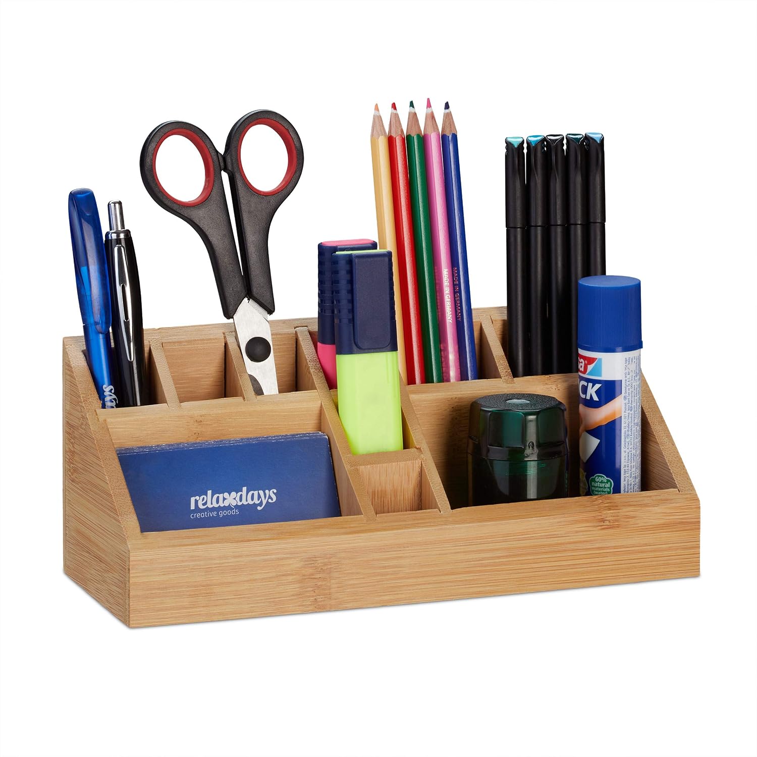 Detalle de Relaxdays Organiseur de Bureau – Porte-stylo en Bambou carré, 10 Compartiments, Design Moderne, 9,5 x 23 x 9 cm, Nature