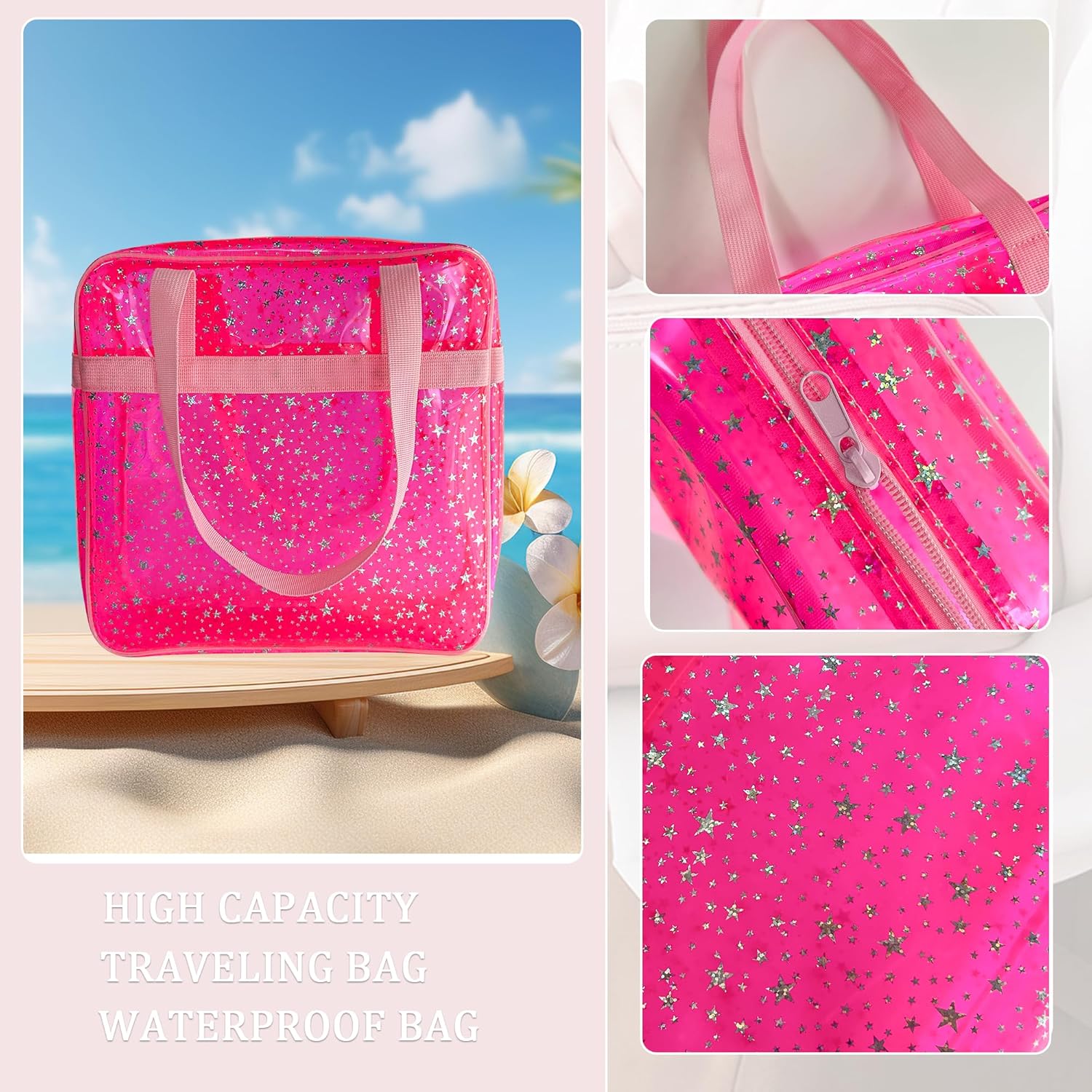 Detalle de TotePrint Wasserdichte Sternen-PVC Strandtasche 30×30×10cm – Transparente Leichte Tragetasche mit Griff