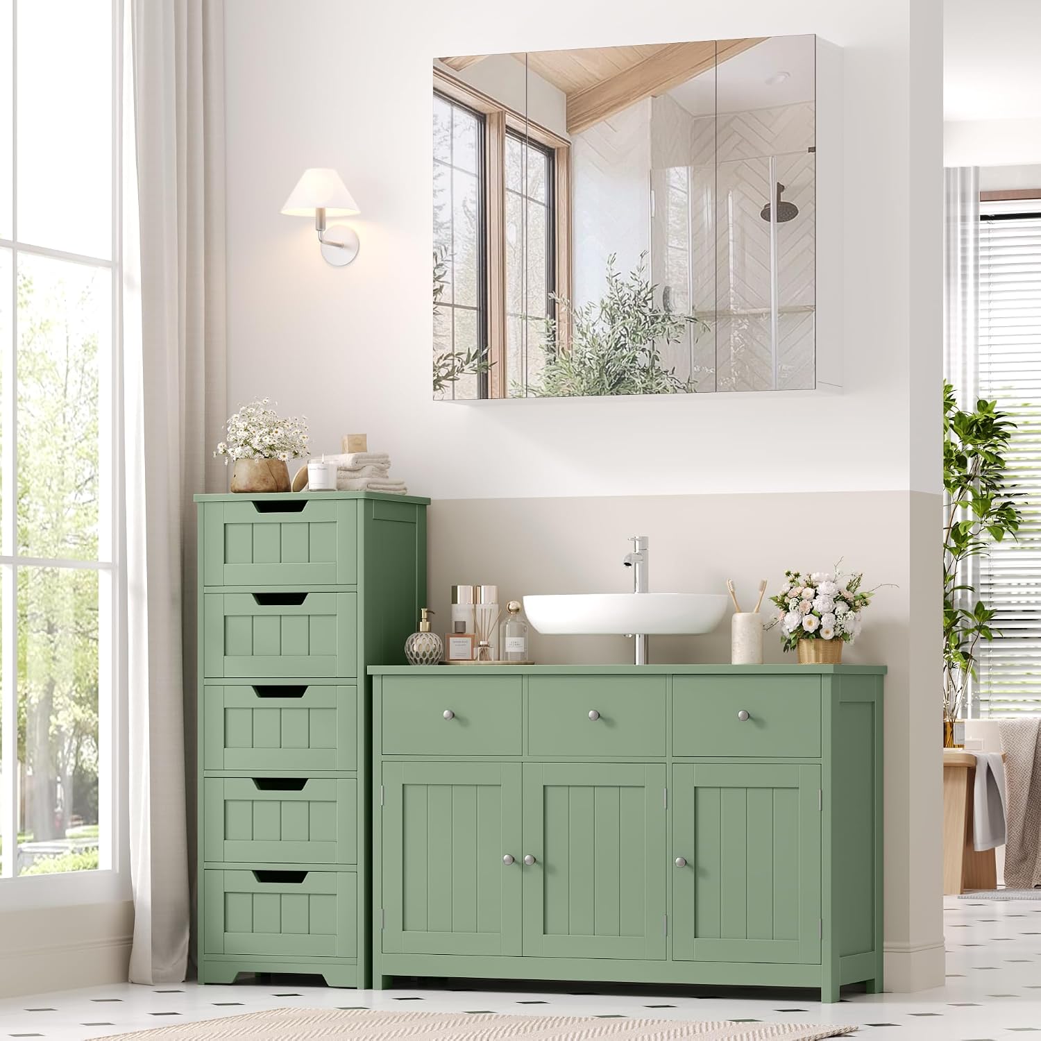 Detalle 2 de FOREHILL P277 szafka pod umywalkę 100 cm, 3 drzwi i 2 szuflady, zielona