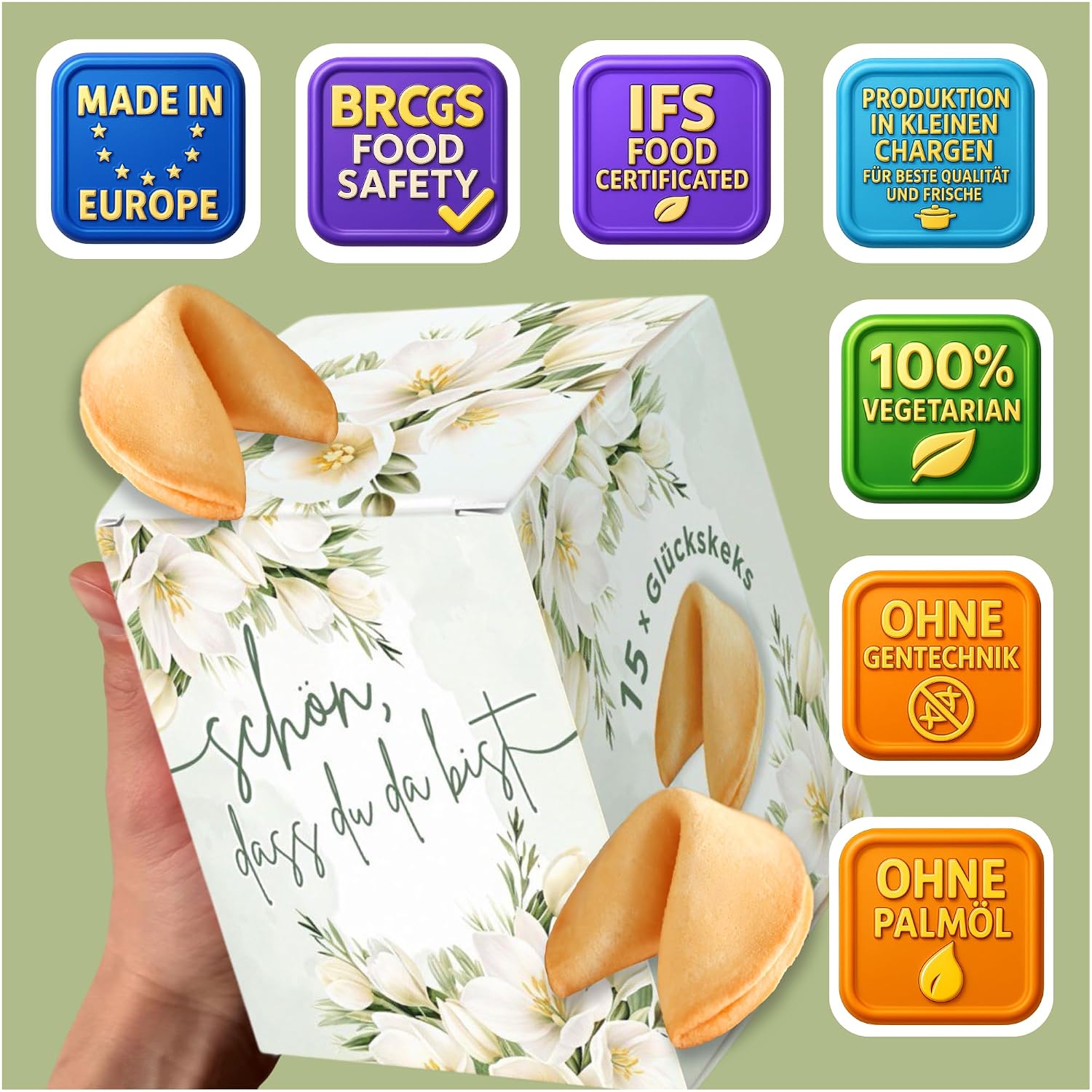 Detalle de Glückskekse Einzeln Verpackt – 15 Stück mit freundlichen Sprüchen in Vanille, ideal als Gastgeschenke