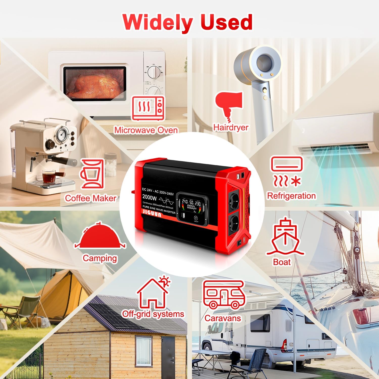 Thumbnail 6 de JIGUUN 2000W24V omvormer, 24 V naar 230 V, zuivere sinus en afneembaar LCD-display