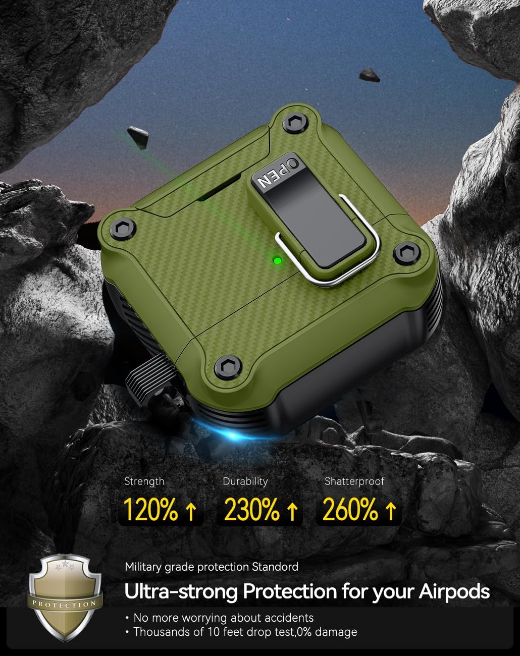 Detalle de Pohgelan AirPods 4 Case with Safety Lock in Dark Green — Carbon Fiber Texture, MagSafe Compatible
