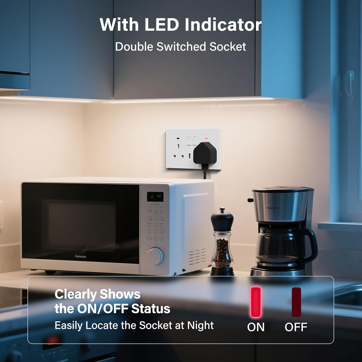 Detalle de BSEED Double Socket with USB C 5 Pack – UK 13A Wall Socket with LED Indicator