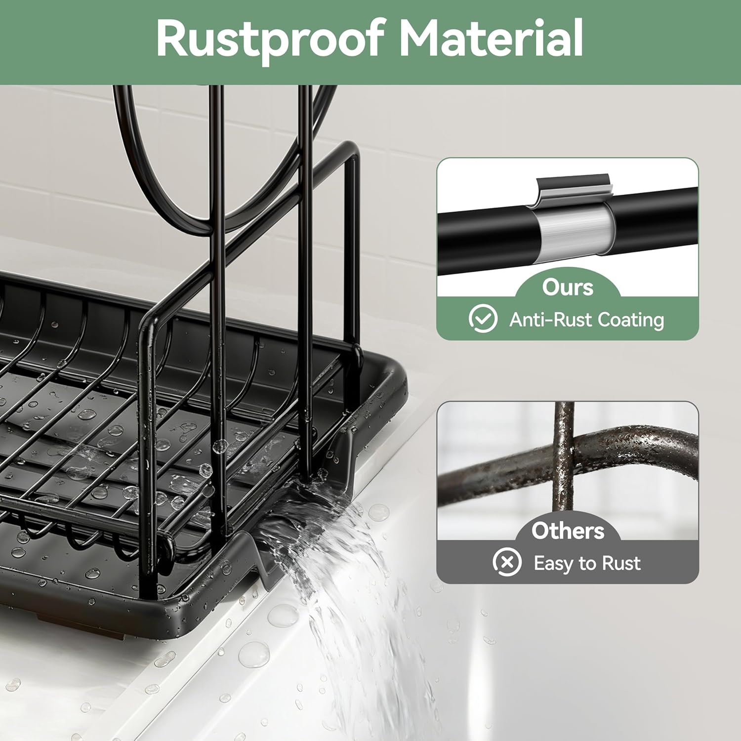 Detalle de niffgaff 2‑Tier Black Dish Drying Rack for Kitchen Countertop – Stainless Steel Drainer with Drip Tray, Utensil Holder & Cup Holder for Small Spaces