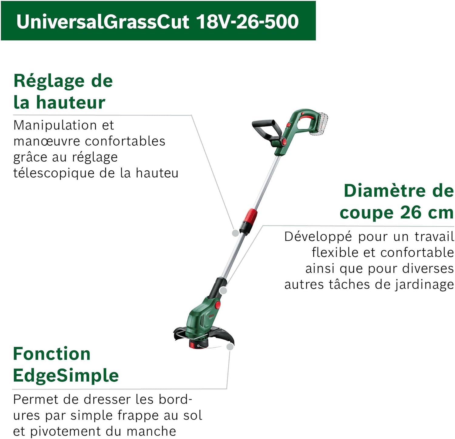 Thumbnail 2 de Bosch UniversalGrassCut 18V-26-500 EU (1 x 2,0 Ah) — coupe-bordures sans fil pour l’herbe et les finitions