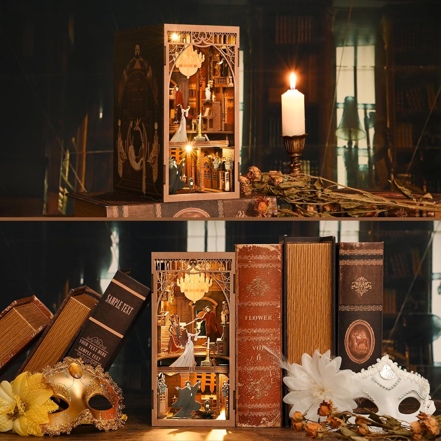 Detalle 2 de CCCDF Phantom of the Opera Book Nook Kit — DIY 3D Wooden Bookend with LED Light