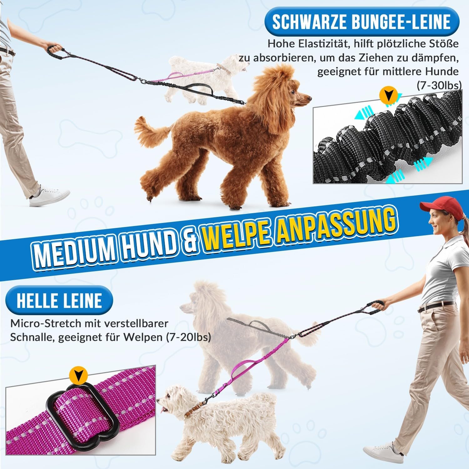 Detalle de SlowTon doppelte Hundeleine für zwei kleine Hunde mit 360°-Drehverschluss & Bungee