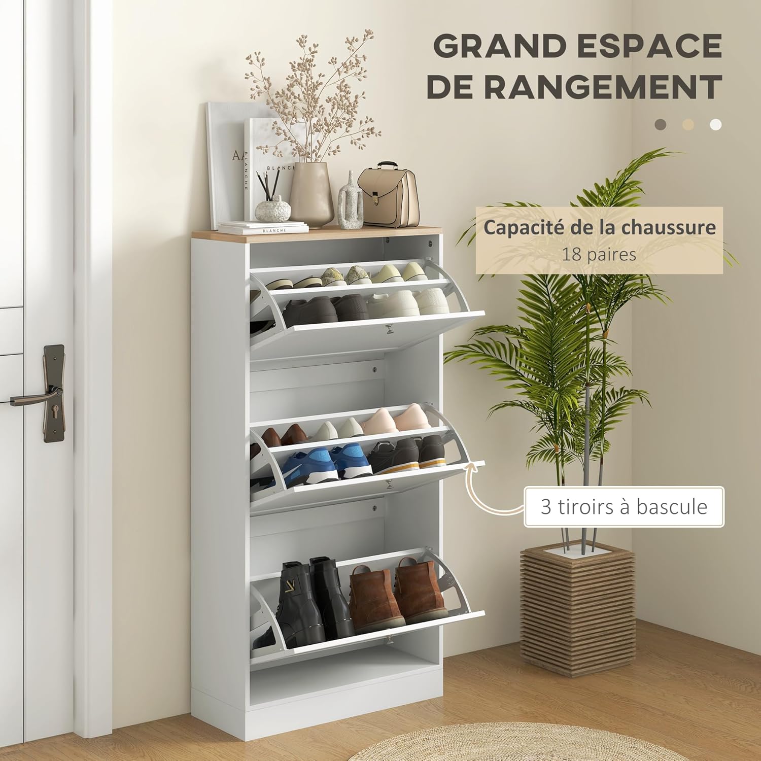 Thumbnail 3 de HOMCOM Meuble à Chaussures 18 Paires – Armoire étroite, 3 tiroirs rabattables et étagères réglables, 60 × 23,5 × 115 cm, Blanc