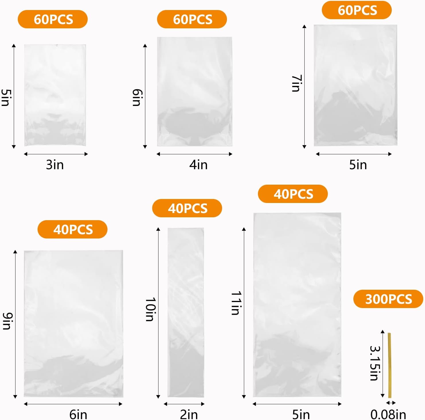Thumbnail 1 de NEOACT Clear Cellophane Treat Bags, 6 Sizes with Twist Ties, 1.4 Mil