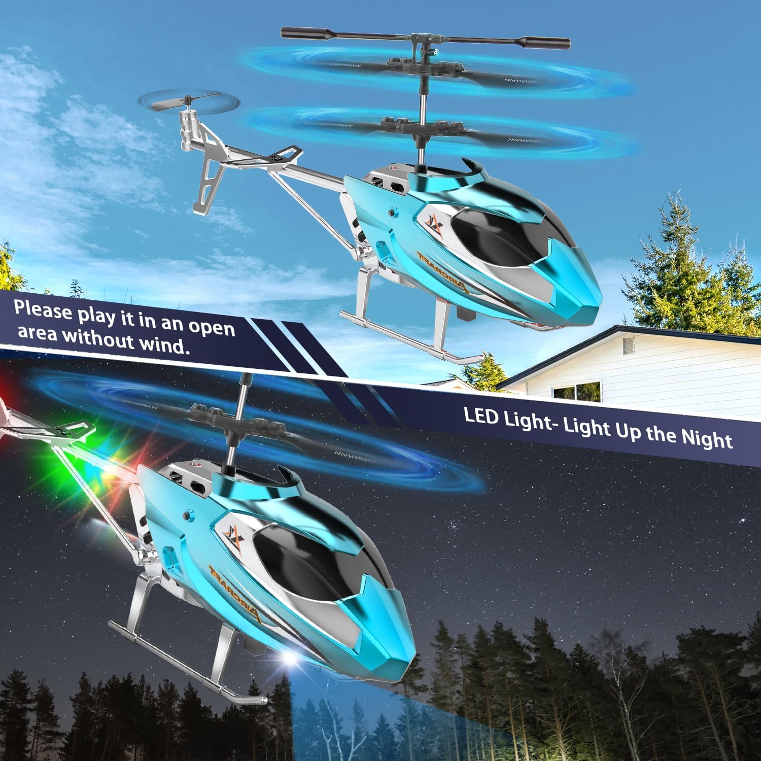 Detalle de TERRAMUS Remote Control Helicopter for Kids — 2.4G Altitude Hold, LED Lights and Gyro