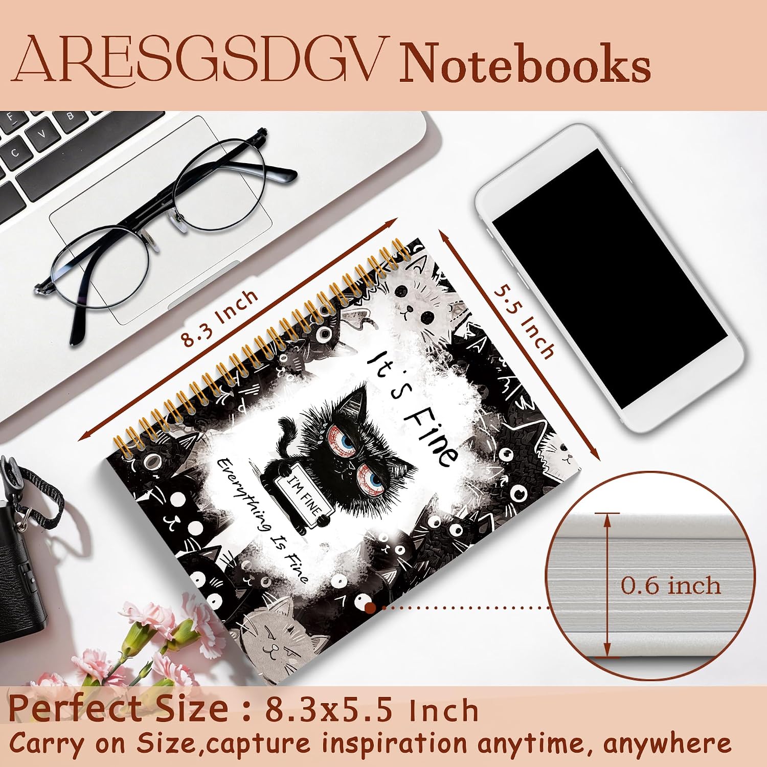 Detalle de ARESGSDGV Funny Black Cat Notebook, 5.5 x 8.3 in, 160 Pages, Hardcover