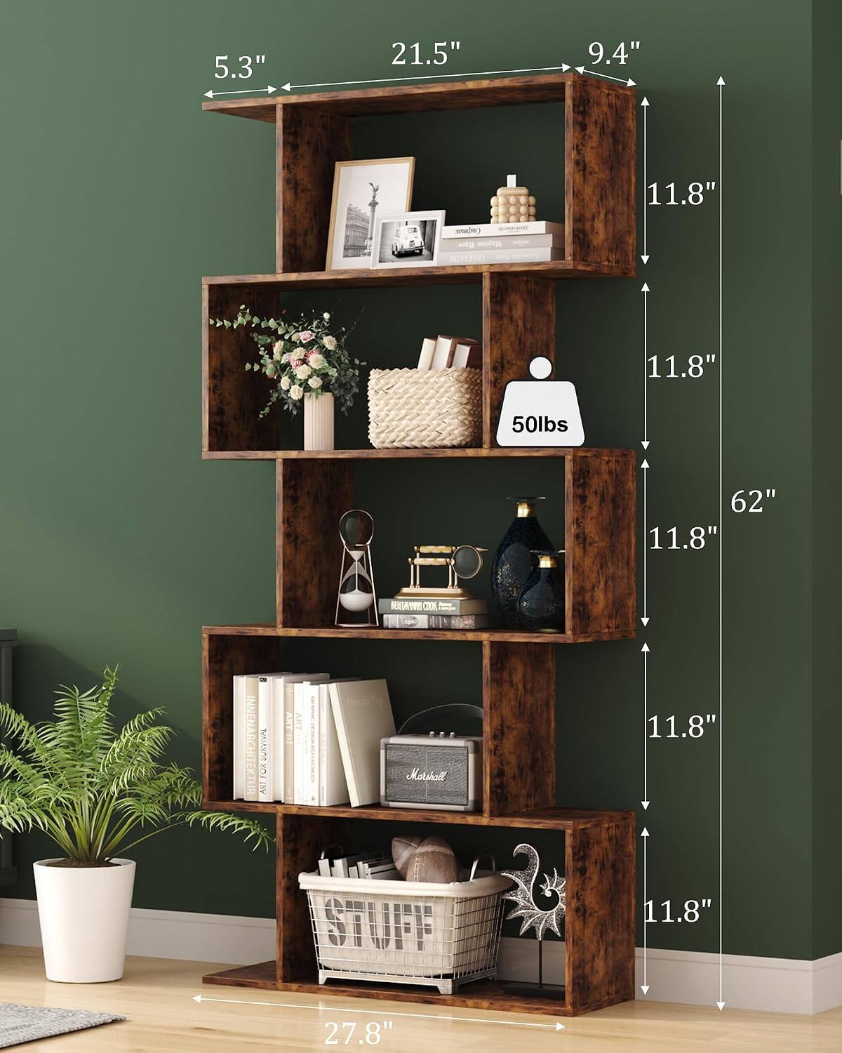 Detalle de Yusong S-Shaped 5-Tier Bookshelf, Rustic Brown Geometric Display Shelf