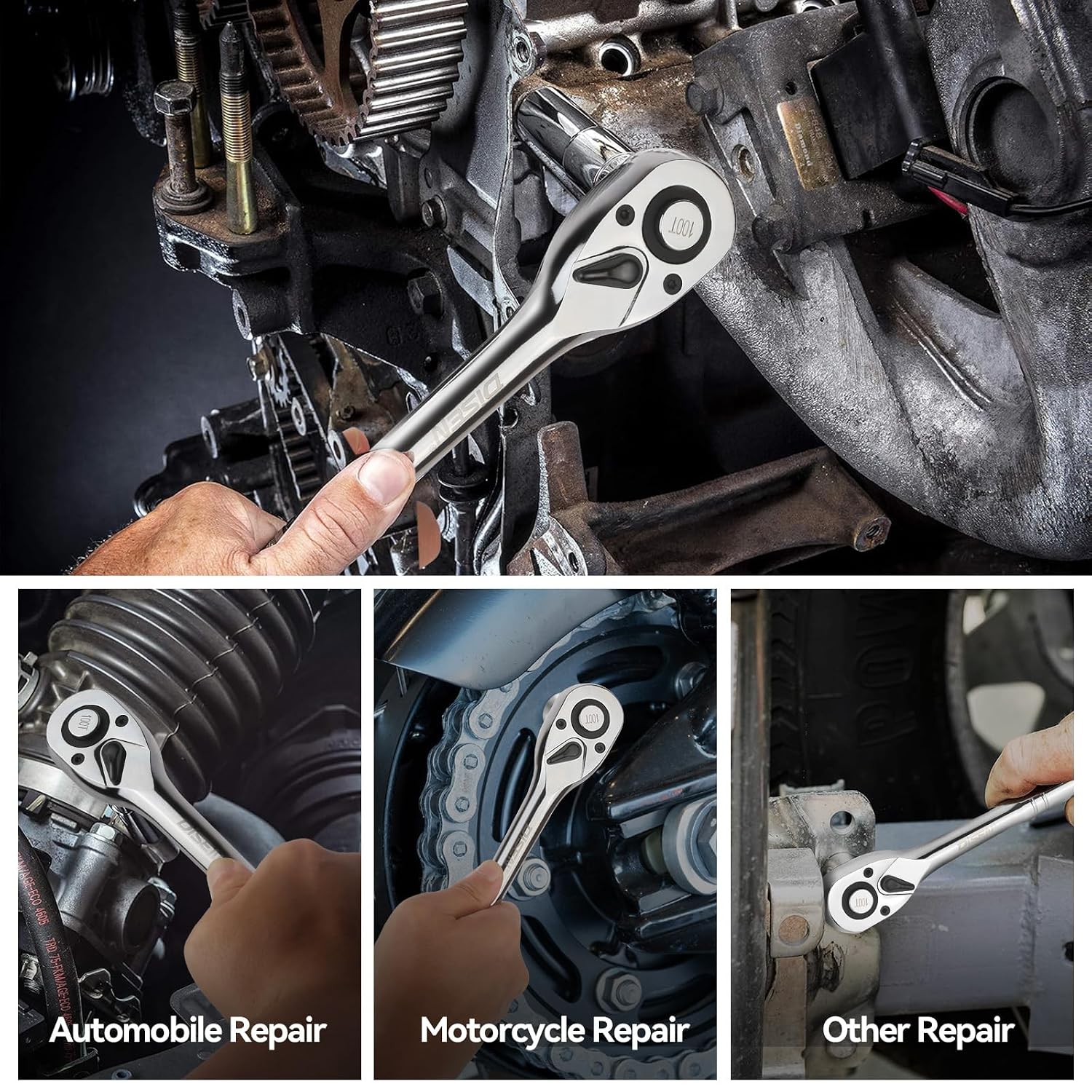 Detalle de DISEN DISEN-3BZGBJLB-100 Ratchet Set, 3 Drive Sizes, 100-Tooth Mechanism
