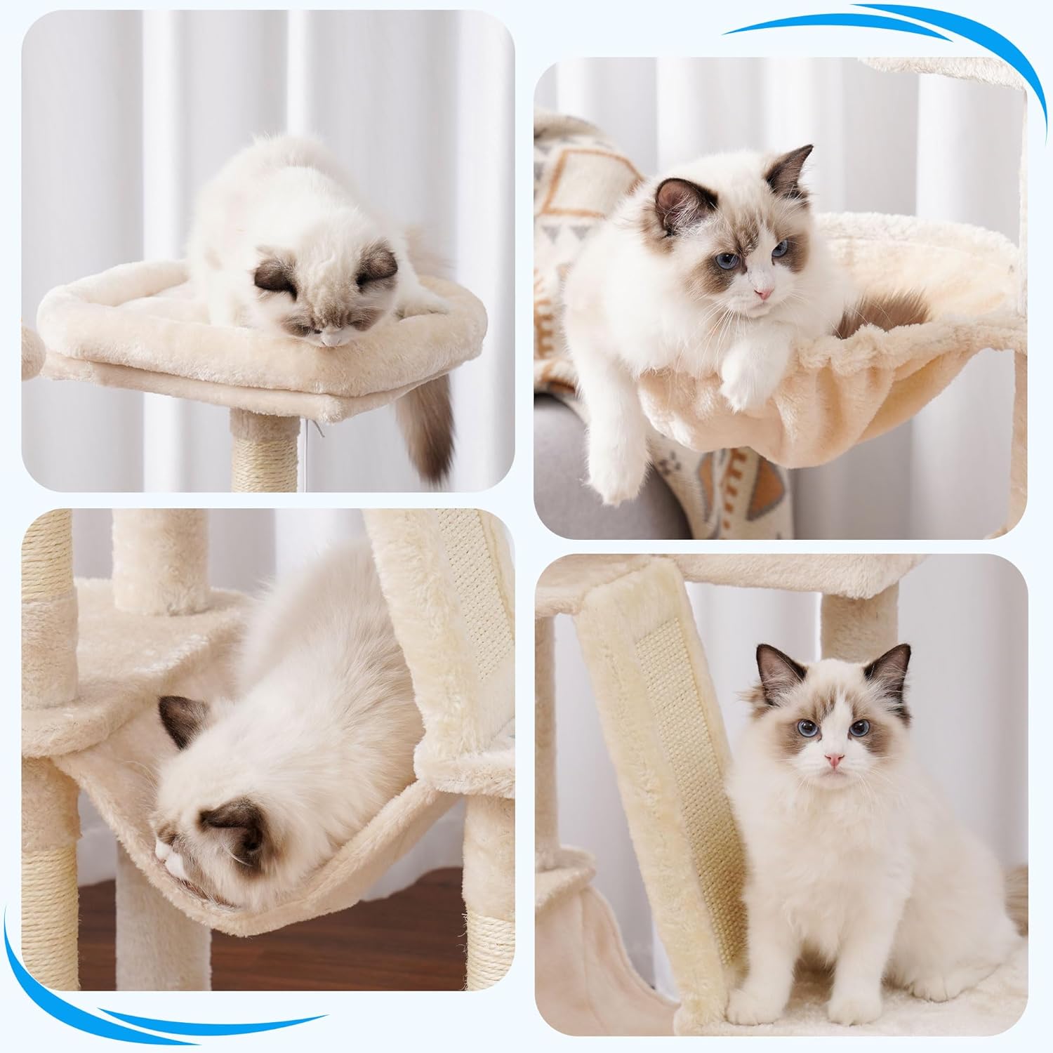 Thumbnail 6 de Hey-Brother Kratzbaum (135 cm) Indoor Katzenbaum mit gepolsterter Plattform, Höhle, Hängematte & Sisal Kratzfläche – Beige MPJ019-SM