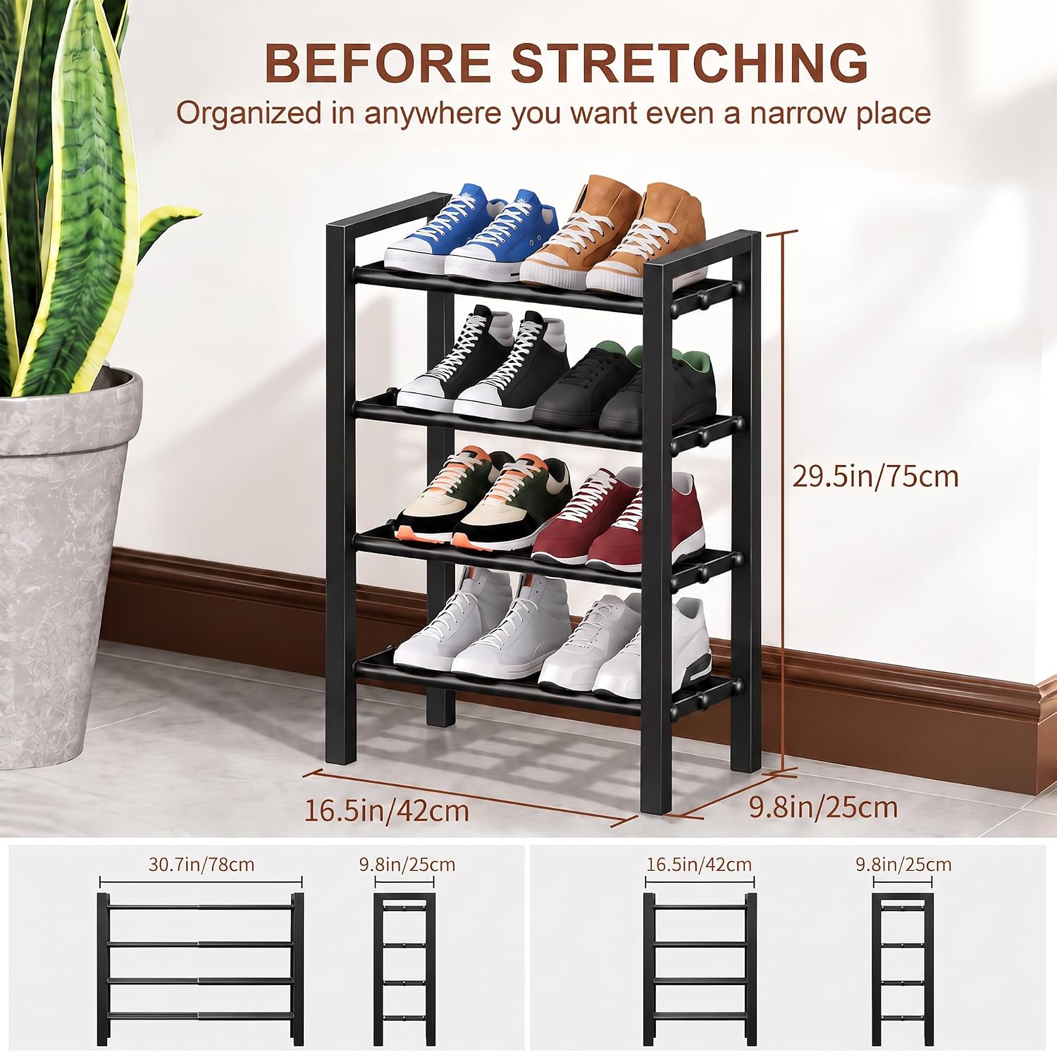 Detalle 2 de HDDTTZ HDD04 Expandable 4-Tier Metal Shoe Rack, Adjustable Width, Black