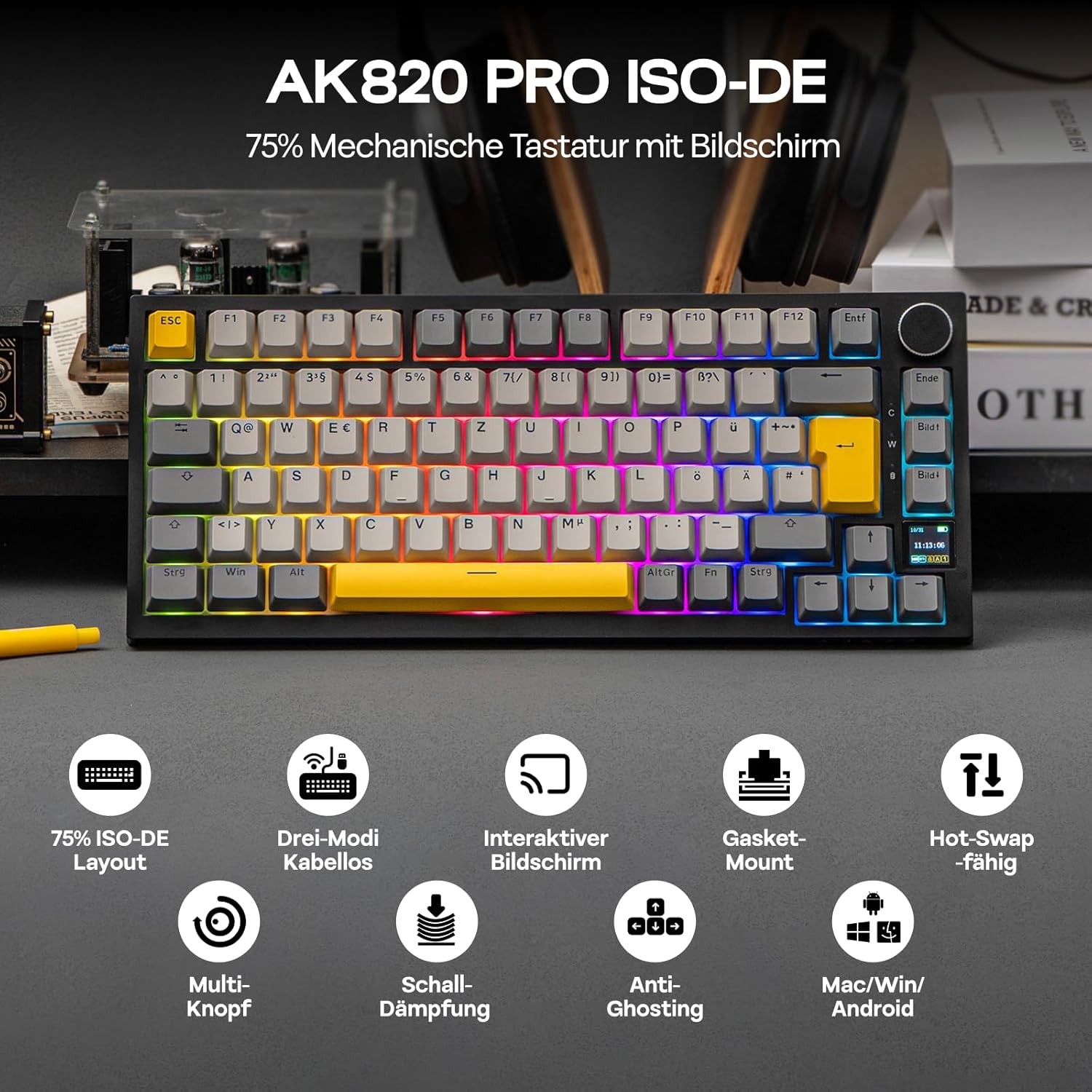 Thumbnail 1 de EPOMAKER Ajazz AK820 Pro ISO-DE: 75% Gaming-Tastatur mit TFT-Display, QWERTZ und Qamistik (BT/2,4 GHz/Kabel)