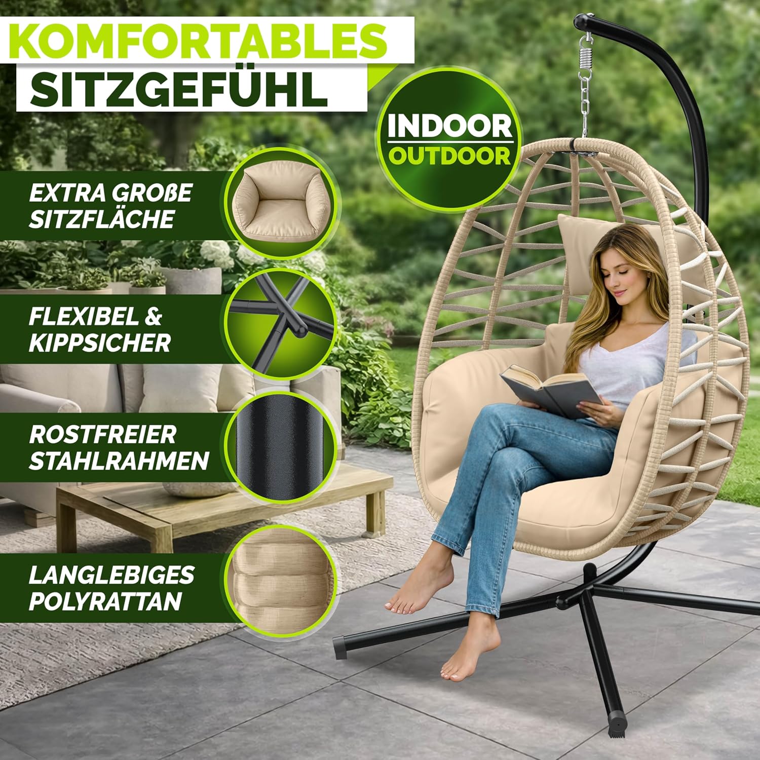 Thumbnail 2 de tillvex Hängesessel mit Gestell – wetterfester Outdoor Hängesessel aus Polyrattan (Beige)