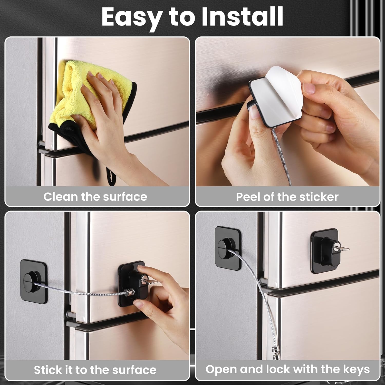 Detalle 2 de Huiguli 2-pack Refrigerator Door Locks with Adhesive Cable Restrictor and Keys (Black)
