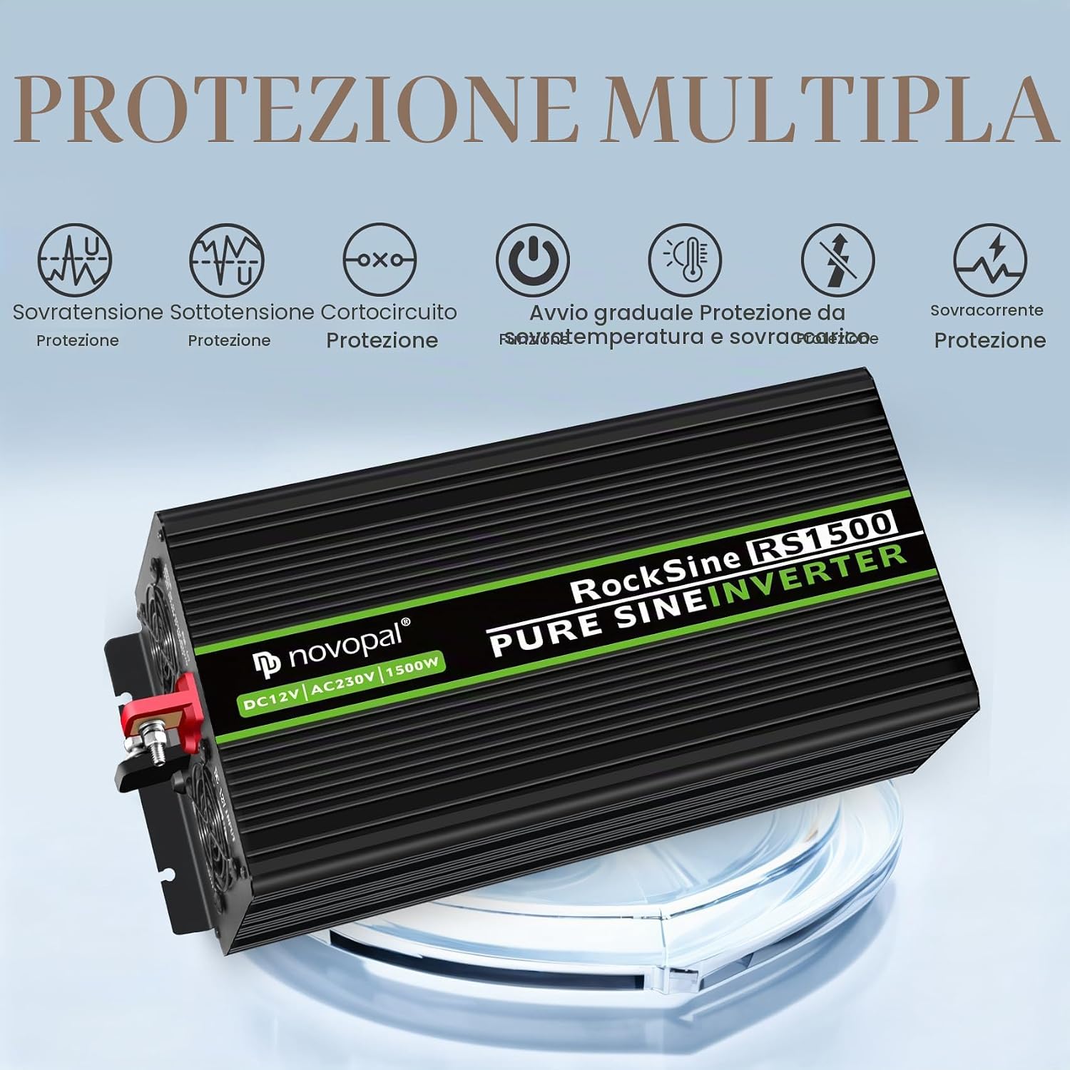 Thumbnail 3 de Novopal Power Inverter onda sinusoidale pura 1500W (12V DC → 220V/230V AC) con telecomando e 2 prese EU